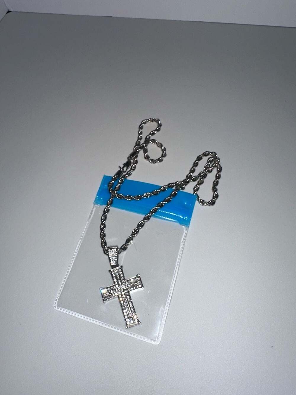 Iced Out Cross Pendant Necklace With Rope Chain